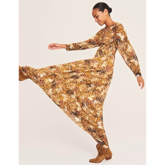 Ba&sh Quartz Dress - Metallic Gold Brown Floral V-Neck Long Sleeve Maxi Dress - Picture 2 of 14